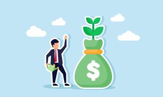 A businessman holds a watering can and stands next to a money bag with growing plants, illustration of stimulating and nurturing company finances for growth vector