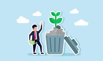 A businessman holds a watering can and stands beside a trash bin filled with broken lights growing plants, illustration of nurturing business ideas and innovations with eco-friendly focus vector