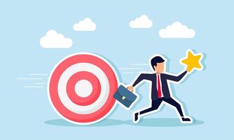 A businessman carrying a star runs while chased by a rolling target board, illustration of being pursued by targets in designing a strategy to improve business quality ratings vector