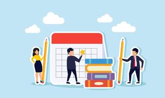 Businesspeople stand beside a schedule calendar and a stack of books, each hold a pencil and star, illustration of businesspeople gathering to design a schedule to complete a project report vector