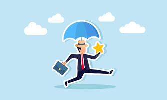 A businessman wearing a hat with an umbrella runs while holding a star, illustration of maintaining business quality stability while striving to improve it vector