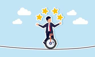A businessman rides a unicycle on a tightrope while juggling several stars, illustration of risky decisions to apply strategies for achieve high ratings quality vector