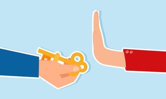 A hand offers a key and is rejected by another hand, illustration of rejecting a business solution from a partner vector