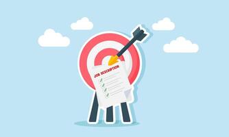 An arrow sticks to a target board with a job description paper, illustration of targeting business steps to complete business tasks vector