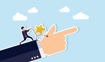 A businessman pushes a cart with a star on a hand pointing in a direction, illustration of guidelines for designing a strategy to improve business quality ratings vector