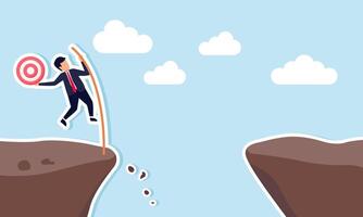 A businessman carrying a target board tries to cross a gap using wood, illustration of challenges faced in achieving business targets vector