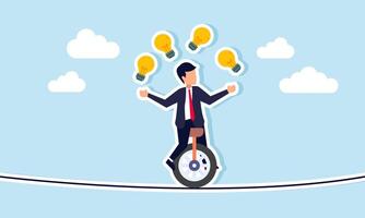 A businessman rides a unicycle on a tightrope while juggling several lightbulbs, illustration of take risk decisions in choose the right business ideas and innovations vector