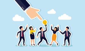 A hand points selects a businessman hold a lamp among several entrepreneurs, illustration of investors choose the right candidate with great ideas and innovation vector