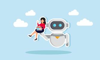 A businesswoman lifted by AI robot, working on a laptop, illustration of implementing AI programs to make AI an assistant for work efficiency and effectiveness vector