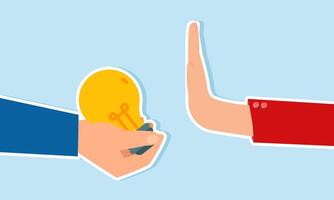 A hand offers a lamp and is rejected by another hand, illustration of rejecting suggested business ideas and innovations from a business partner vector