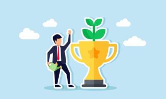 A businessman holds a watering can and stands beside a trophy growing plants, illustration of nurturing business commitment that makes a business the best with an eco-green focus vector