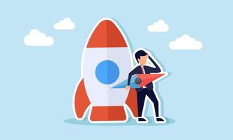 A businessman holding a compass needle stands beside a rocket, illustration of confusion in determining the direction of startup business policy vector