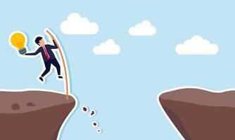 A businessman carrying a lamp tries to cross a gap using wood, illustration of solving business problems with ideas and innovations vector
