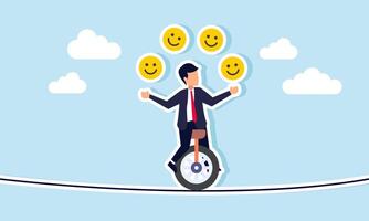 A businessman rides a unicycle on a tightrope while juggling several happy emoticons, illustration of risky decisions to apply strategies to increase engagement vector