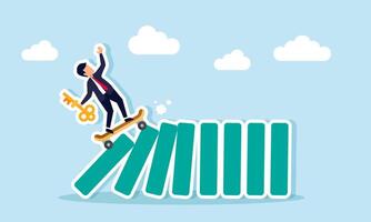 A businessman carrying a key rides a skateboard crashing into a row of blocks, illustration of solving business problems with the right solutions vector