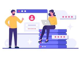 People protecting database, Cyber security, Data Center, cloud storage, File management, Privacy data protection flat illustration for landing page, mobile app, poster, flyer, web banner, infographic vector