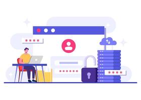 Network security and threat management, Database protection, Cyber security flat illustration, Data Center, File management, cloud storage, Privacy data protection vector