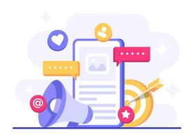 Social media feed on smartphone Digital marketing flat illustration, banner, business content strategy, web design, online connection concept vector