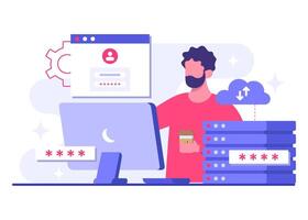 Engineer secures data centers through advanced cybersecurity practices, Database protection, Cyber security, File management, cloud storage, Privacy data protection vector