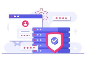 Protection of digital systems and networks, Database protection, Privacy data protection flat illustration, Cyber security, Data Center, File management, cloud storage, vector