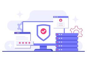 Securing information systems from cyberattacks, Database protection, Cyber security, Data Center, File management, cloud storage, Privacy data protection flat illustration vector