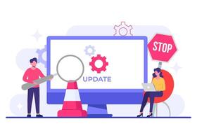 Man and woman updating computer operating system, Software update screen flat illustration, System maintenance, update process, install software vector