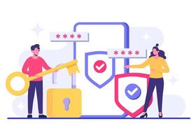 People securing their private data ,Protection of mobile data and personal information, Password secure data access concept, Cyber security, Internet security, information privacy, Account protection vector