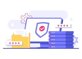 Defense against unauthorized access to digital systems, Database protection, Cyber security, Data Center, File management, cloud storage, Privacy data protection flat illustration vector