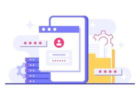 Access data securely with a password, Database protection, Cyber security, Data Center, File management, cloud storage, Privacy data protection flat illustration vector
