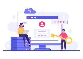 Database protection with password secure access, Cybersecurity, Data Center, File management, cloud storage, Privacy data protection flat illustration for landing page, mobile app, poster, flyer vector