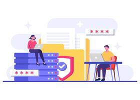 Software professionals working on protecting digital systems flat illustration, Database protection, Cyber security, Data Center, File management, cloud storage, Privacy data protection vector
