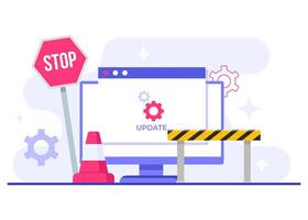 Computer with operating system update process flat illustration, System maintenance, update process, install software vector