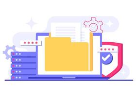 Data security and cybersecurity, File management, cloud storage, Privacy data protection flat illustration vector