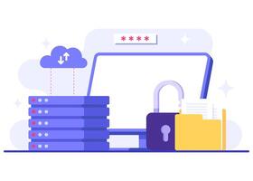 Database protection flat illustration, Cyber security, Data Center, File management, cloud storage, Privacy data protection vector