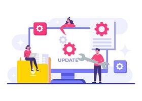System optimization and maintenance flat illustration, People update operation system, Error, Fixing trouble, Device updating, Software system under maintenance, Software upgrade process on devices, vector