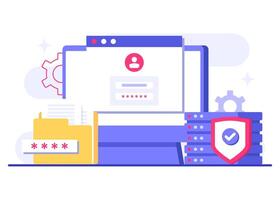 Protecting devices from cyber threats flat illustration, Database protection, Cyber security, Data Center, File management, cloud storage, Privacy data protection vector