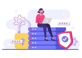 Engineers designing and implementing cybersecurity measures, Database protection, Data Center, File management, cloud storage, vector