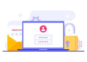 Multi-factor verification with two steps flat illustration template, OTP, Authentication password, One-time password for secure login for a account or app, Login page on laptop screen vector