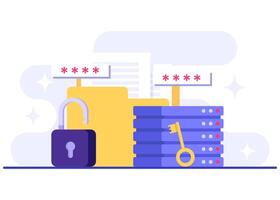Cyber defense and data integrity, Database protection, Cyber security, Data Center, File management, cloud storage, Privacy data protection flat illustration vector