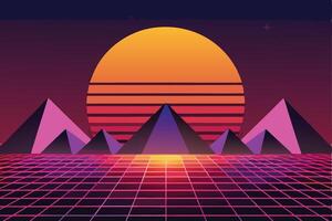 Retro 80s Synthwave Pyramids Sunset Grid Landscape Art vector