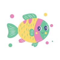 Cute Colorful Happy Fish Cartoon Character Swimming in the Sea with Bubbles vector