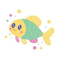 Cute Colorful Fish Cartoon Character Swimming in the Sea with Bubbles and Smiling Expression vector