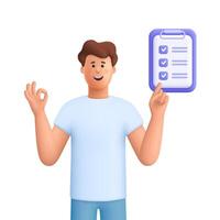 Young smiling man pointing at clipboard with a checklist, to do list. Deadline, planning and organization of work project, business tasks concept. 3d people character. Cartoon minimal style. vector