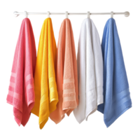 stylish hanging bath towels in different colours isolated on transparent background. png