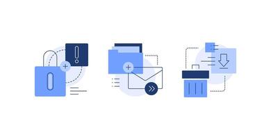 Safety notification. Email and files. Add to basket, delete. Working with PC. High tech concepts vector