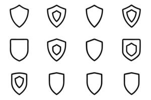 Set of black security shield icons, symbolizing protection and safety. Ideal for security, privacy, and police-related designs. Simple illustrations with police badge shapes. vector