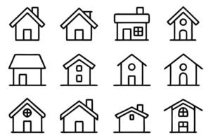 Set of home icons representing different house designs. Ideal for real estate, rentals, and home improvement themes. Simple illustrations for versatile use. vector