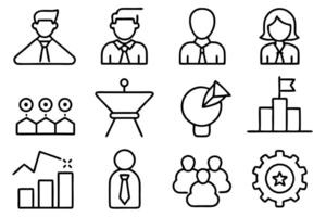 Icons for business workshop themes, highlighting concepts like coaching, networking, and brainstorming. Ideal for use in promotional materials, business events, and online courses. Simple style vector