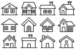 Home icon collection, featuring various house styles. Great for real estate, property management, and housing concepts. Clean and modern icons. vector