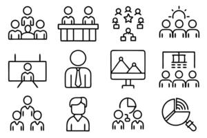 Business workshop icons set, symbolizing group learning, mentorship, and skill-building. Great for webinars, company training, and professional growth themes. Modern illustrations. vector